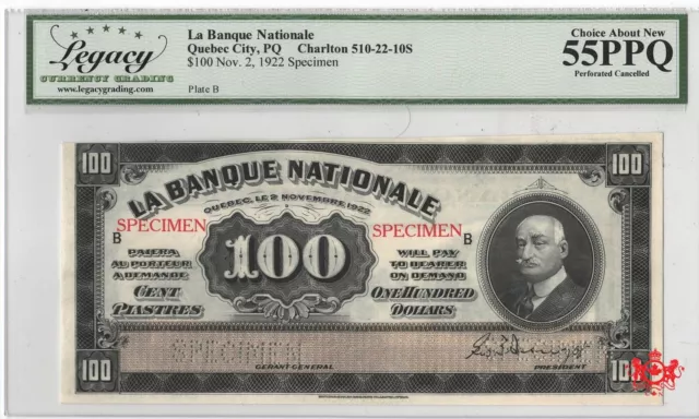 1922 La Banque Nationale $100 Specimen - Legacy AU55 - 510-22-10S