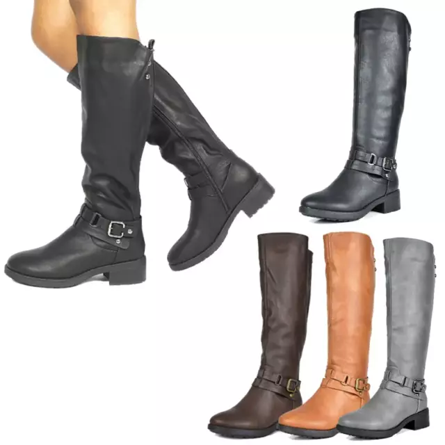 Women's Knee High Military Boots Side Zipper Low Heel Combat Boots