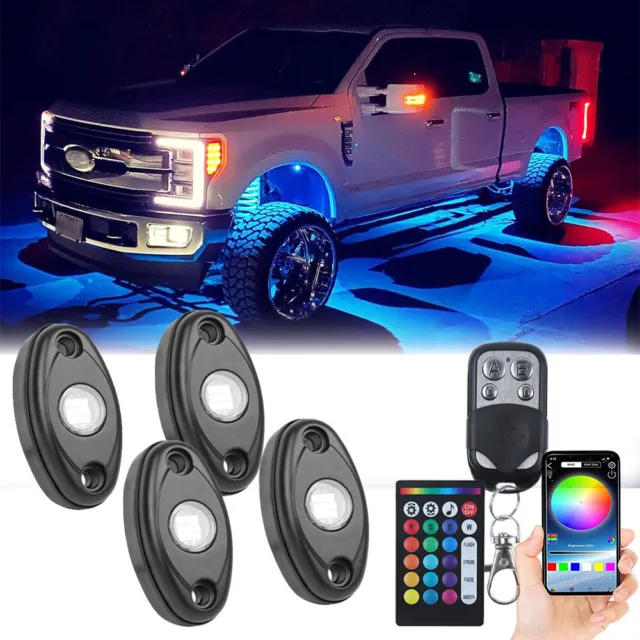 4 Pods LED Rock Light Kit Underglow Lamp Bluetooth App For Ford F-350 Super Duty