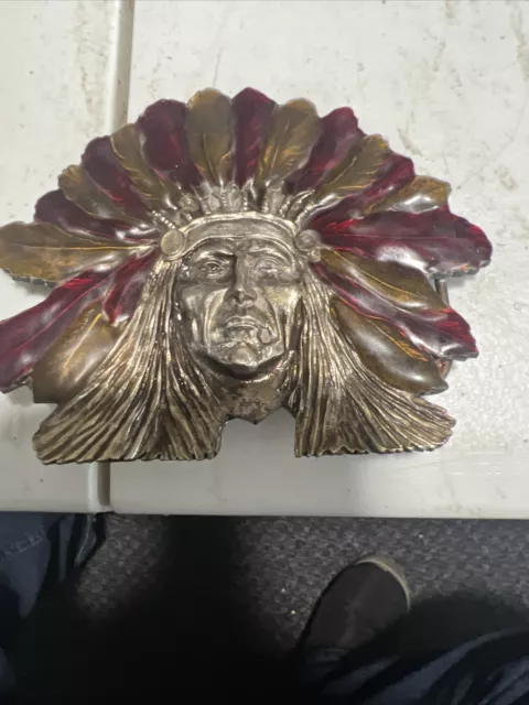 Vintage Bergamot Indian American Native Chief Brass Belt Buckle 1970's RARE