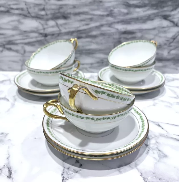 Jean Pouyat Limoges France Green Ivy 2 Cup & Saucer Sets 1890-1902 Wreath Mark