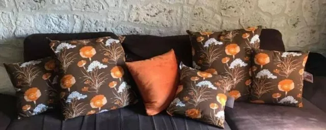 Lot de 6 Coussins Orange et marron FLEURS Retro années 70 créations unique