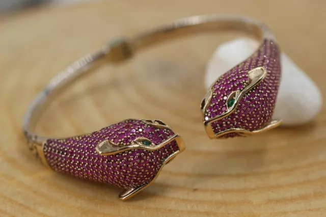 Created Red Ruby 925 Silver Turkish Tiger Cuff Bangle Bracelet In Two Tone