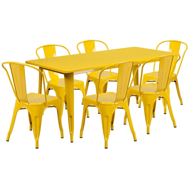 31.5inWx63inL Rectangular Metal Table Set w/6 Bistro Chairs -Yellow