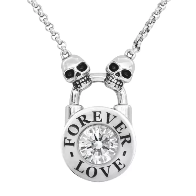 Double Skull Lock Necklace Stainless Steel with 9mm white Swarovski Crystal