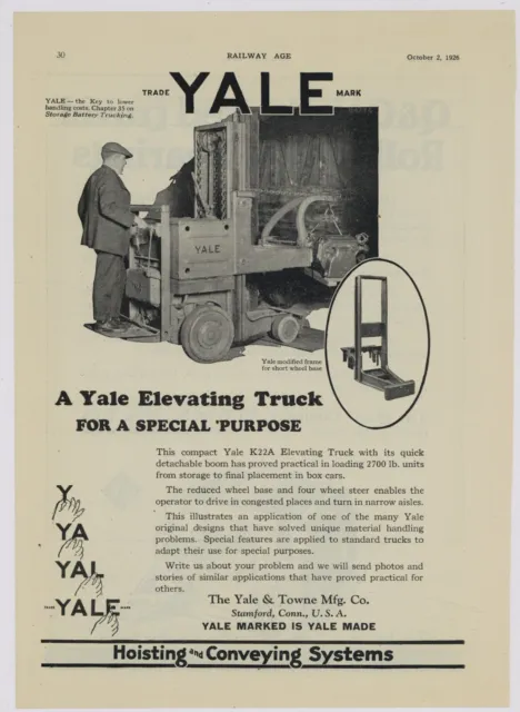1926 Yale & Towne Mfg. Co. Ad: K22A Elevating Truck - Forklift - 2700 Pound Cap.