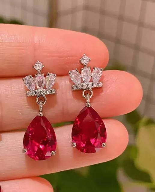 4.60Ct Pear Simulated Red Ruby Drop Dangle Earrings 14K White Gold Plated