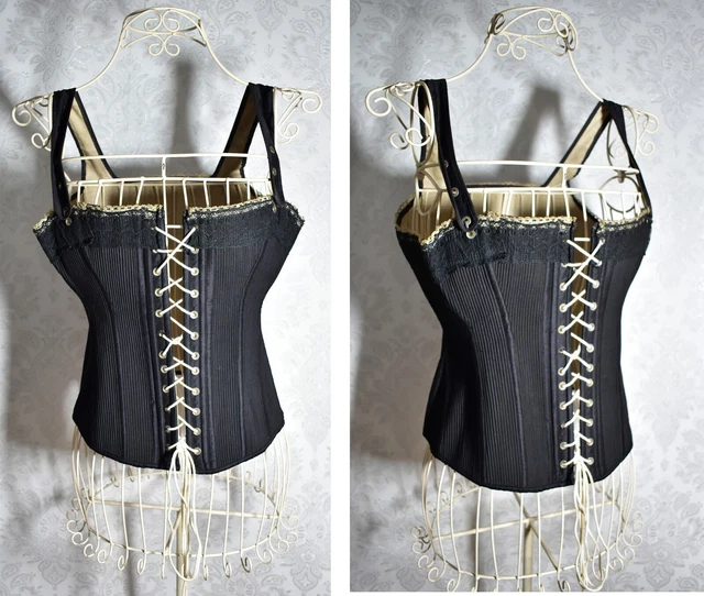 Corsetto nero originale Liberty antico allacciatura frontale edoardiana nuovi cinturini M