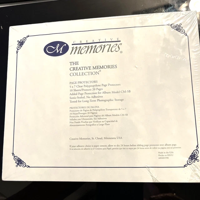 Protectores de página de álbum de recortes Creative Memories de 5"" x 7"" nuevos en paquete 10 hojas protegen 20 piezas