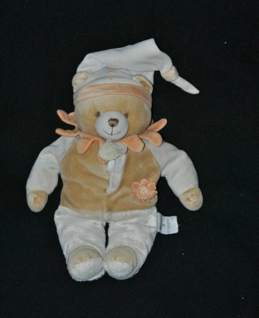 Peluche doudou ours beige DOUDOU ET COMPAGNIE mouchoir blanc fleur 28 cm TTBE