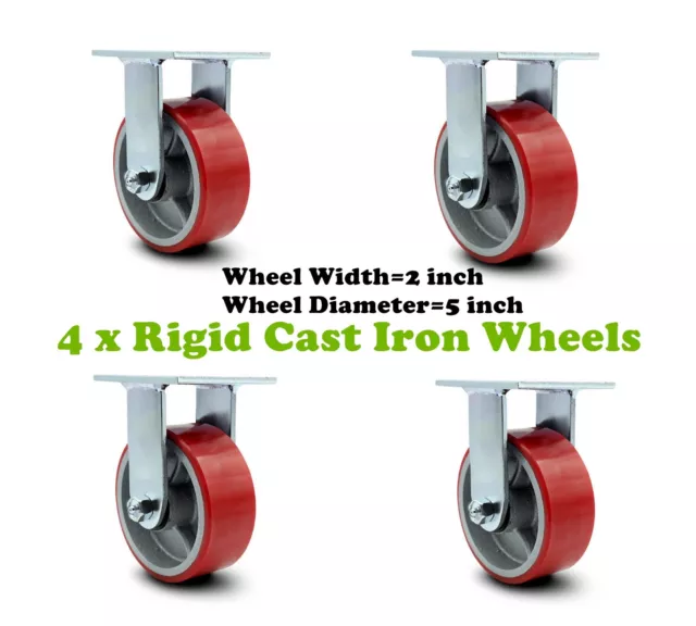 4 Heavy Duty Caster 5" Polyurethane on Cast Iron Wheels No Mark 4 Rigid