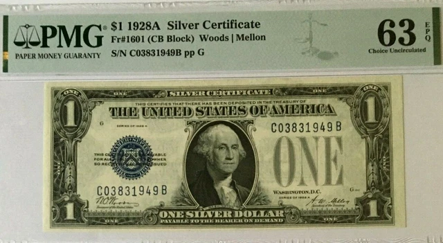1928A $1 Pmg63 Epq Choice Uncirculated Silver Certificate (Cb Block)    3851