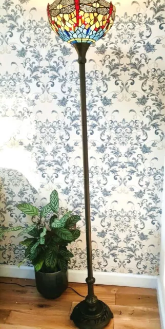 Beautiful Dragonfly Tiffany Style Glass Handcrafted Large Floor Lamp 14" Wide