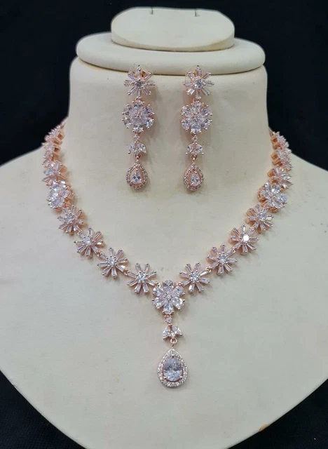 Ethnic Indian Fine Jewelry Gold Plated Earrings Bollywood Bridal AD Necklace Set