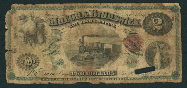 $2 1867 Macon & Brunswick Rail Road Company Obsolete Note ** DAILY CURRENCY **