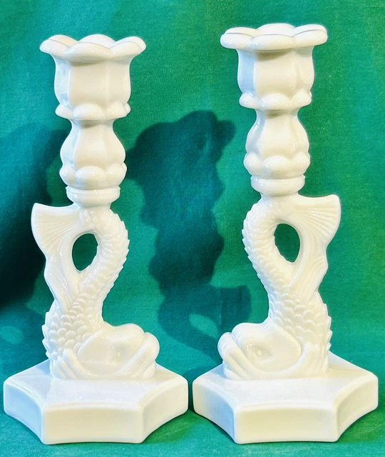 Vtg Pair Westmoreland White Milk Glass 9.5” Koi Fish Candlesticks Holder Dolphin