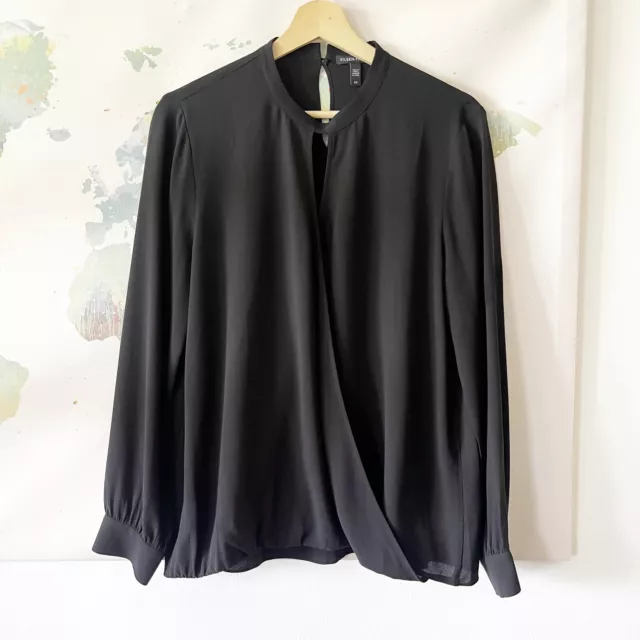 Eileen Fisher Blouse Size Small Surplice Georgette Crepe Silk Black Long Sleeve