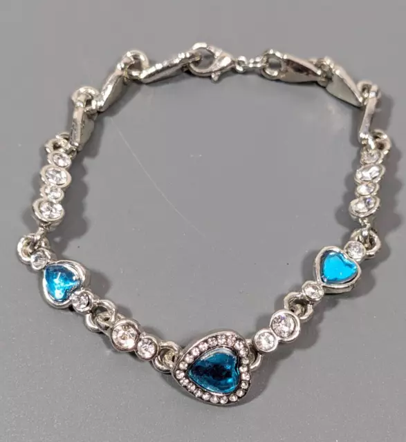 Silver Tone Blue Heart Rhinestone Tennis Bracelet 8 inch