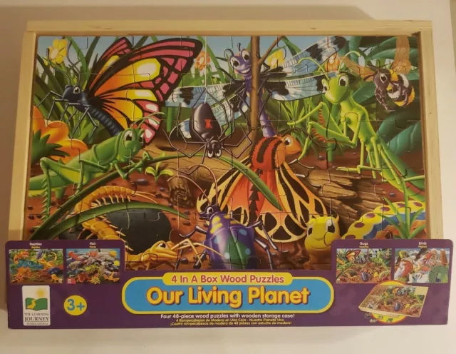 Living Planet 4 Wood Puzzles & Wooden Storage Case.Birds Bugs Reptiles Fish. New