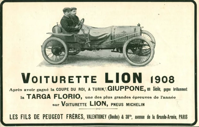 Publicité ancienne voiturette Lion 1908 issue de  magazine