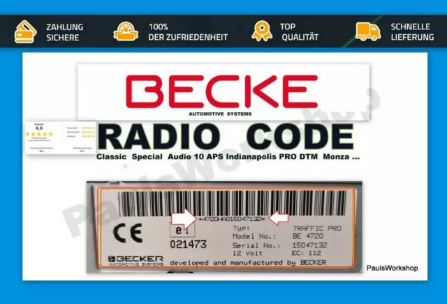 Becker Radio Code - BE Cascade Traffic Pro Indianapolis mehr Key Code