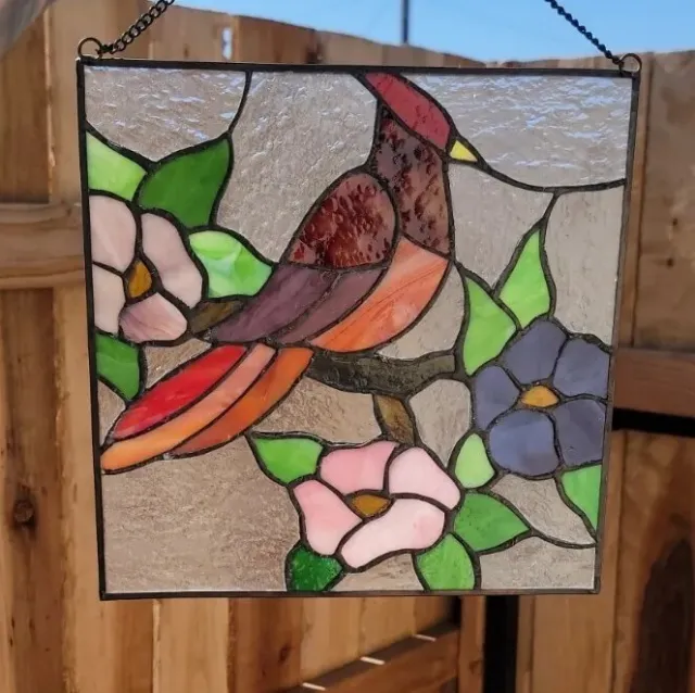 Red Cardinal Stained Glass Window Panel Suncatcher Handcut Pieces 10x10"