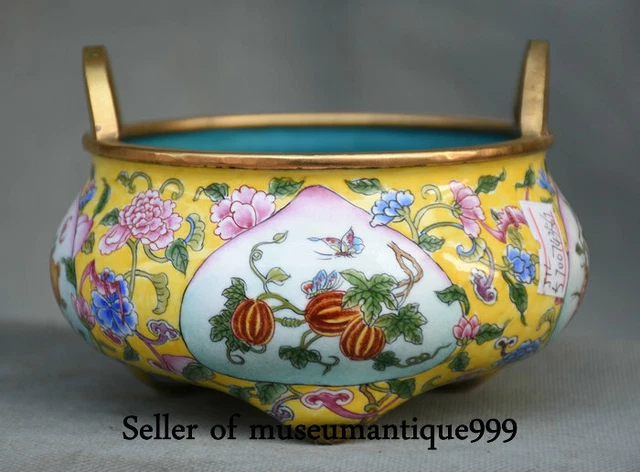 5" Marked Old China Copper Cloisonne Dynasty melon Flower incense burner Censer