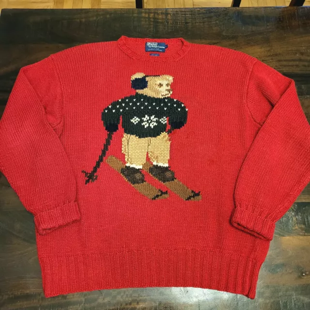 Polo Ralph Lauren Knit Sweater Polo Bear Ski Vintage 90s Red "Size L"