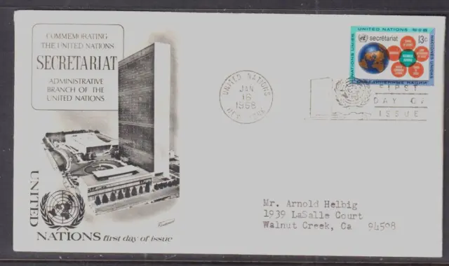 United Nations "Fleetwood"  - 1968 - 13c Secretariat Single  First Day Cover Add