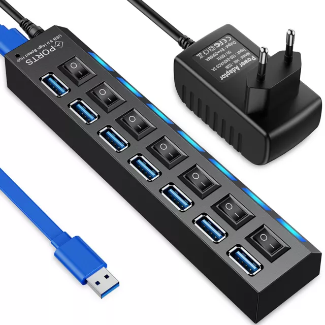 USB 3.0 Hub 4/7 Port Splitter Adapter mit Aktiv Netzteil Verteiler für PC Laptop 2