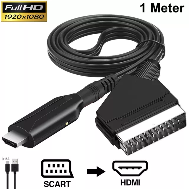 1m SCART zu auf HDMI Konverter Kabel HD Video Audio Adapter Wandler für DVD TV