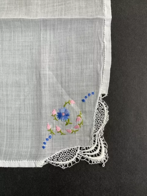 Vintage Ladies Hankie White Embroidered Blue Pink Floral With Corner Lace 9.5”