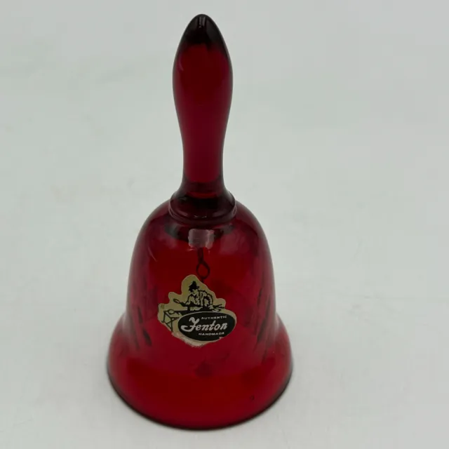 Vintage Fenton Ruby Red Glass Mini Bell - Diamond Optic Pattern with Sticker 4"