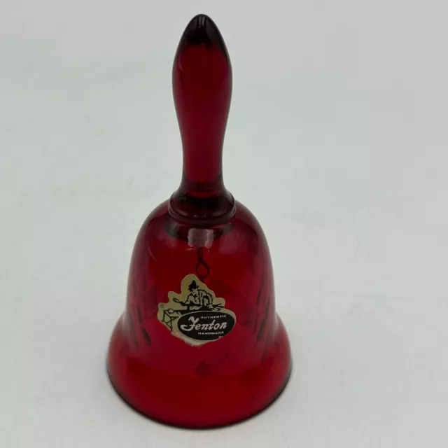 Vintage Fenton Ruby Red Glass Mini Bell - Diamond Optic Pattern with Sticker 4"