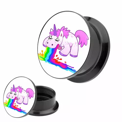 Flesh Tunnel Picture Plug Oreille Piercing Comic Vomissant Licorne Arc-en-Ciel