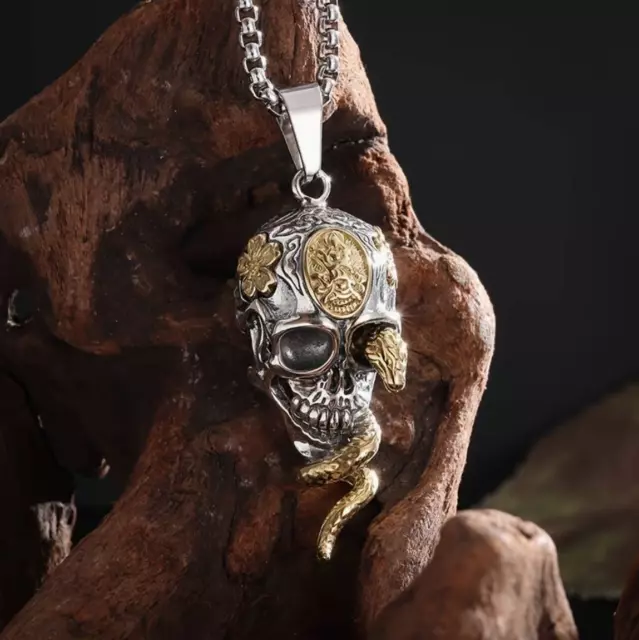 Anhänger Totenkopf Schlange Silber Kette Gold Schädel Edelstahl Gothic Amulett