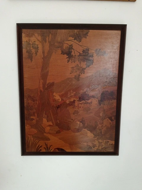 Tableau de Marqueterie, Lac Alpin, Attribué à Pierre Rosenau, Art Nouveau, Début XXe