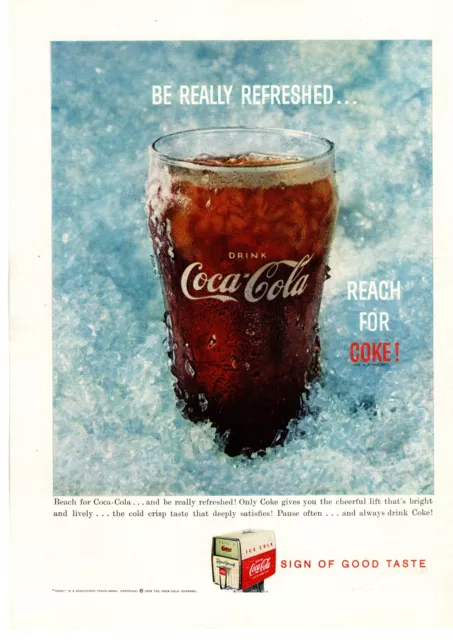 1959 Coca Cola "Be Really Refreshed Reach For Coke" Ice Cold Soda Glass Print Ad