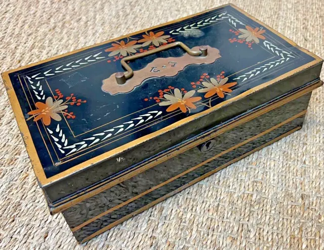 Antique Tole Ware Hand Painted Cash Money / Document Tin Box w/ Tray Insert