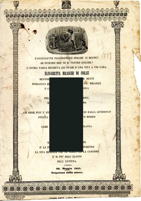 1857 - COLLE VAL D'ELSA - Necrologio nel trigesimo - ELISABETTA BRASCHI