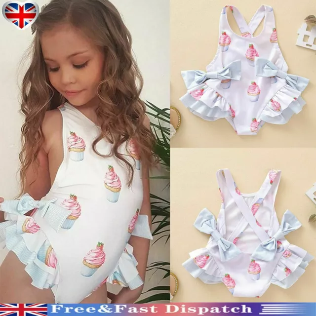 Baby Kids Girls Ice Cream Print Bow Backless Swimwear Swimsuit UK