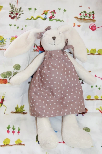 Doudou Peluche Atmosphera For Kids Lapin Blanc Robe Marron Taupe  Pois