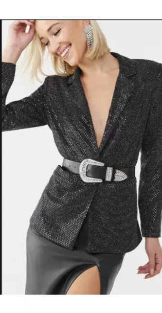 Forever 21 Black Silver Glitter & Sequin Blazer Small S