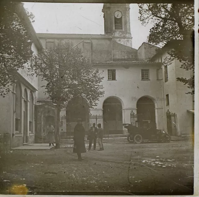 France Eglise Voiture Photo Stereo PL32P1n Plaque de verre Vintage c1930