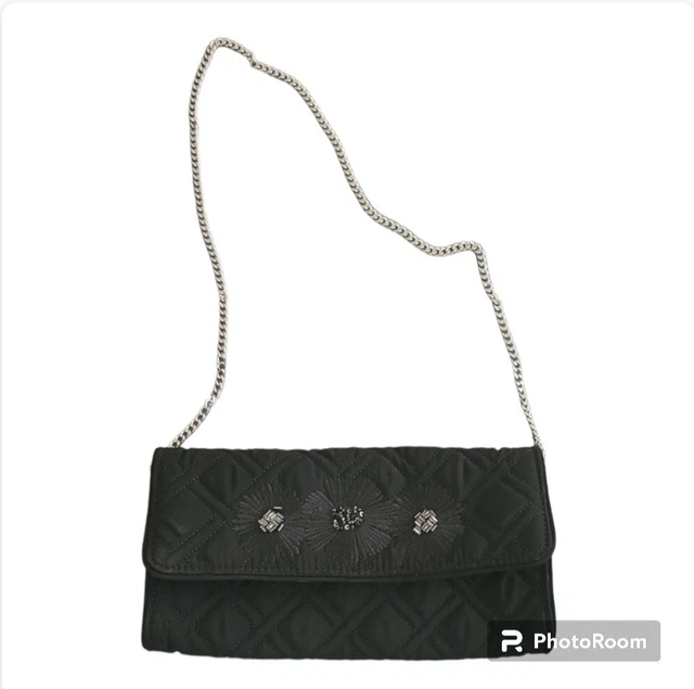 Vera Bradley Black Chain Link Strap Shoulder Bag Quilted Bead Embellishment