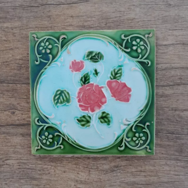 Original vintage art nouveau Victorian majolica floral rose tile gorgeous