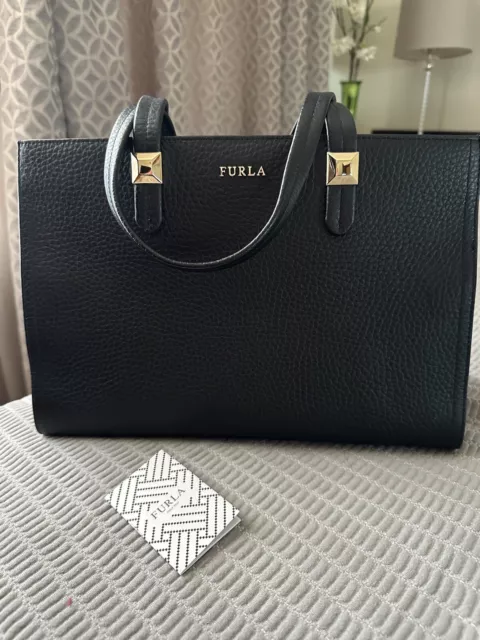 FURLA Black  Leather Tote Shoulder Bag NEW gold hardware