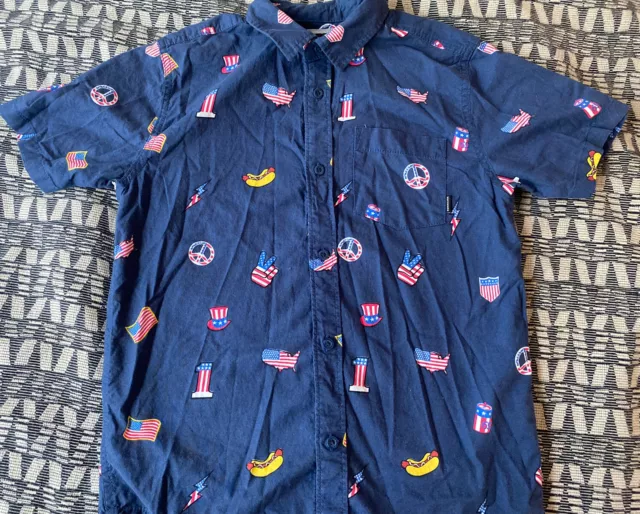 Quiksilver Boys M medium button up short sleeve shirt  Hotdog Red White Blue USA