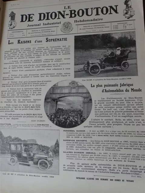 DE DION BOUTON 12 et 30 HP automobile publicité papier ILLUSTRATION 1908 col D