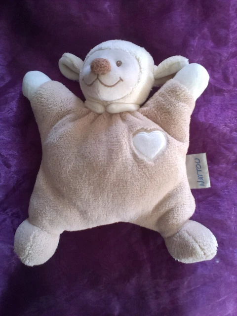 peluche doudou mouton semi plat  beige marron crème et rose coeur grelot NATTOU